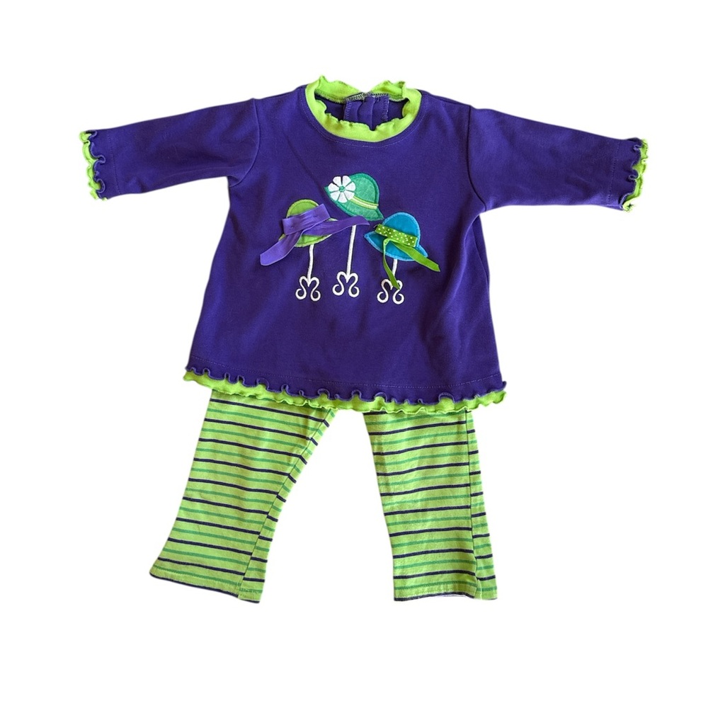Molly & Millie Boutique Outfit‎ Set Purple Green Lettuce Edge Hat Applique